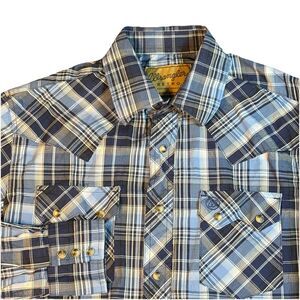 Wrangler‎ Retro Shirt Long Sleeve Button Up Pearl Snap Blue Plaid Men’s M